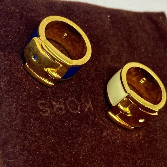 Bundle of 2 Michael Kors MK Buckle Enamel Rings Blue and White In Yellow Gold - Picture 2 of 4